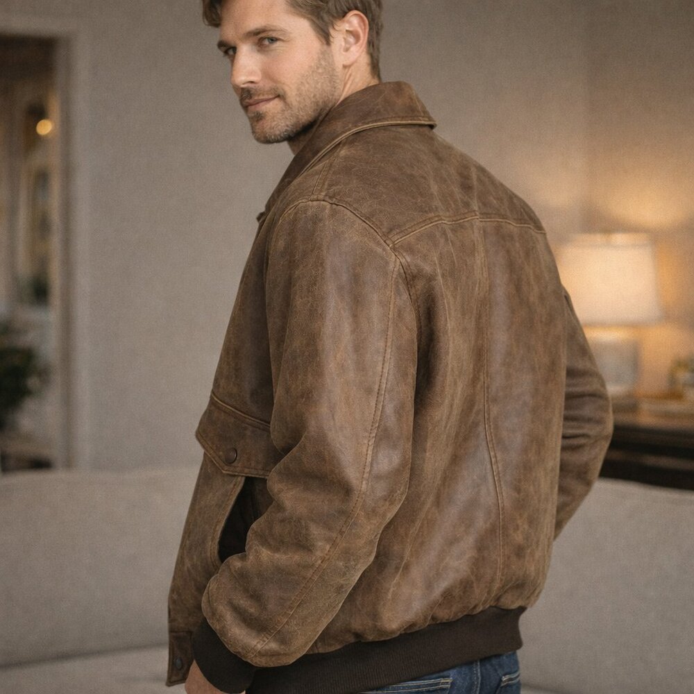 Expedition Mens Brown Genuine Leather Bomber Jacket Size L Vintage Classic - Picture 2 of 3